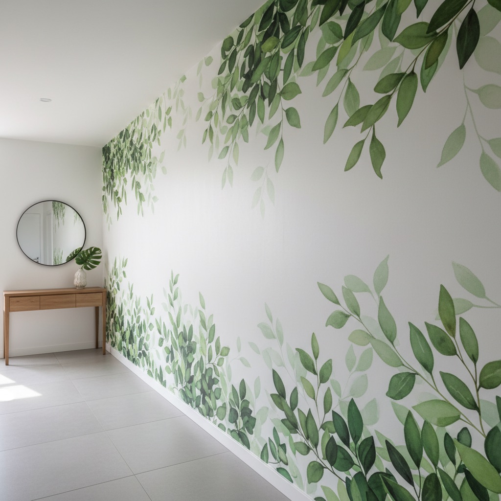 Vizualizace: botanické listy – přímý UV tisk na zeď (chodba)