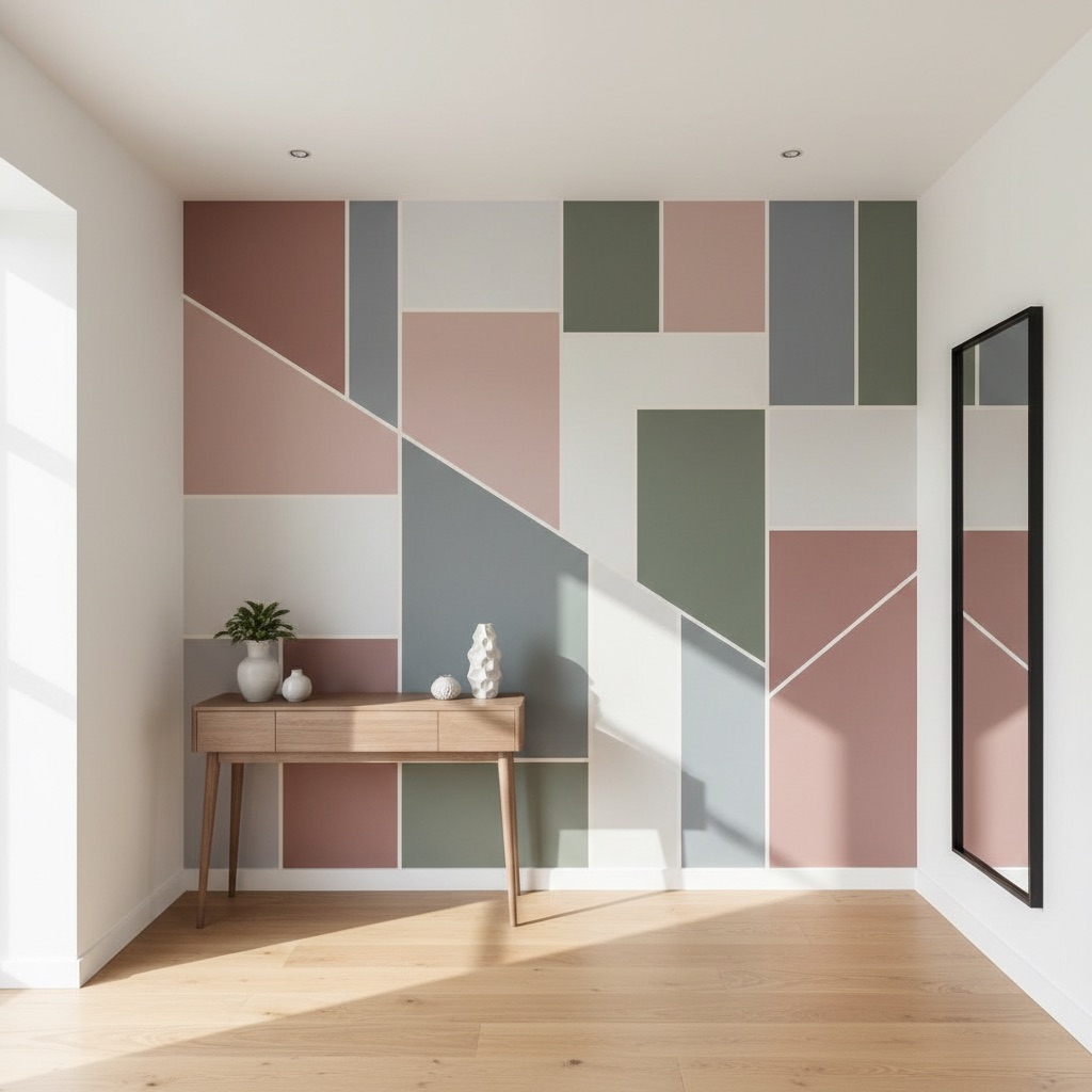 Vizualizace: geometrický vzor – přímý UV tisk na zeď (chodba)