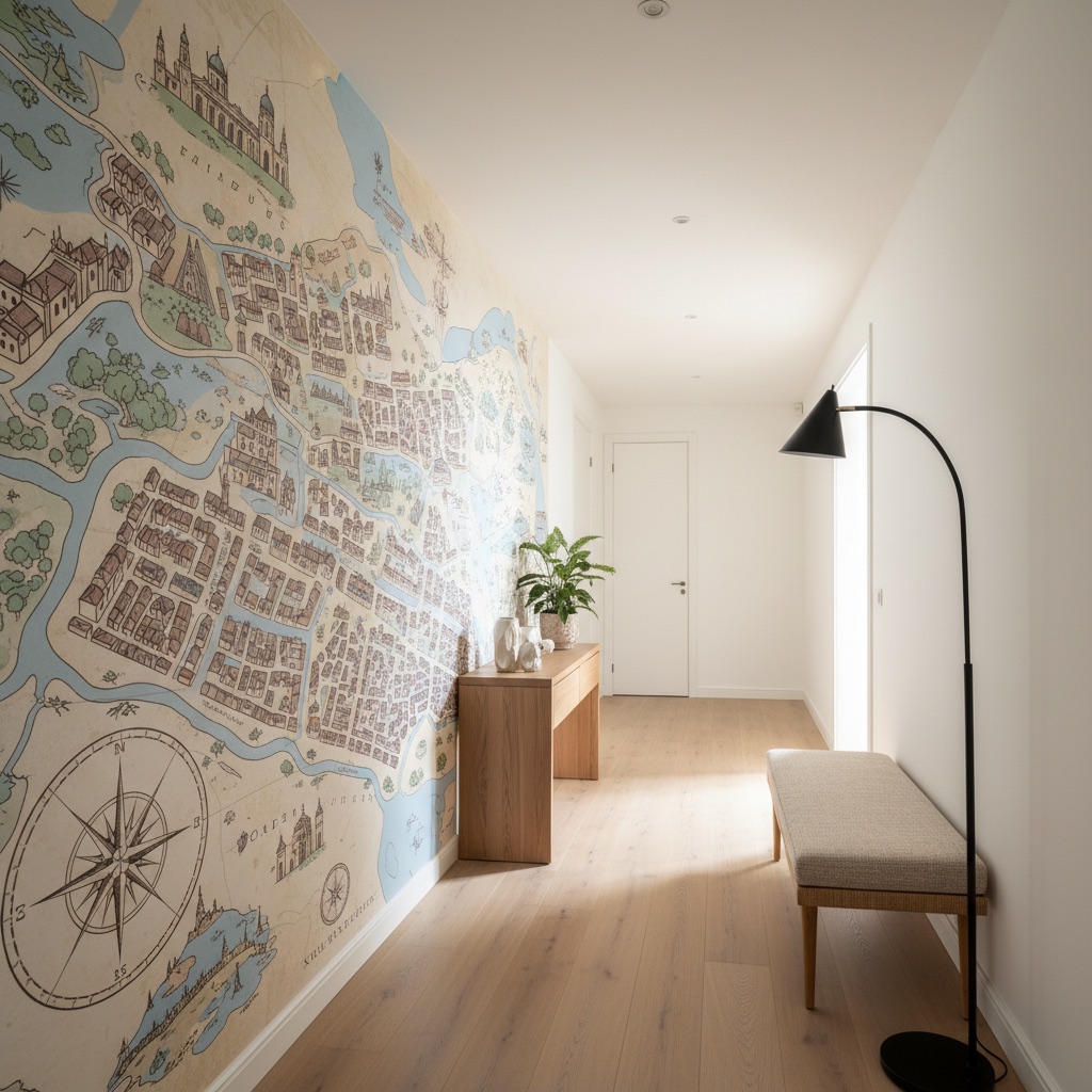 Vizualizace: stylizovaná mapa – přímý UV tisk na zeď (chodba)
