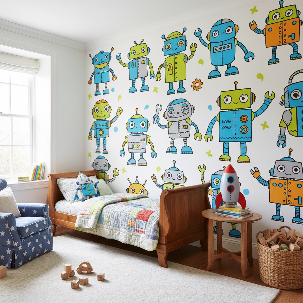Vizualizace: roboti – přímý UV tisk na zeď (kluci)