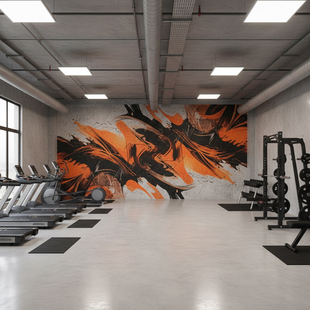 Vizualizace: dynamická grafika na betonu – přímý UV tisk na zeď (fitness)