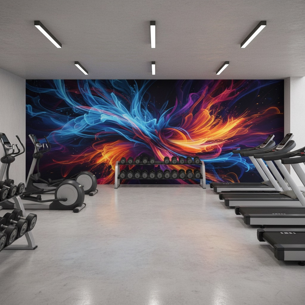 Vizualizace: energetické vlny – přímý UV tisk na zeď (fitness)