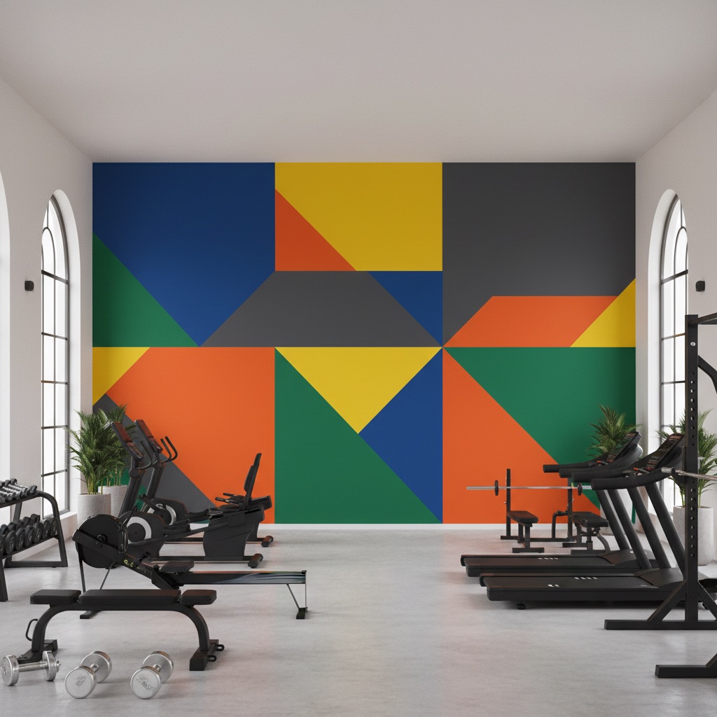 Vizualizace: ostrá geometrie – přímý UV tisk na zeď (fitness)