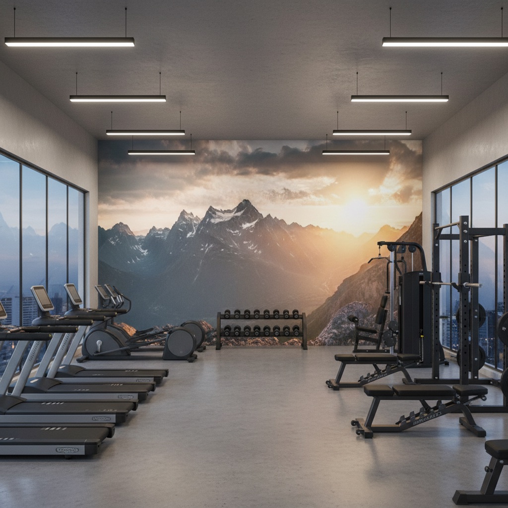 Vizualizace: horská krajina – přímý UV tisk na zeď (fitness)
