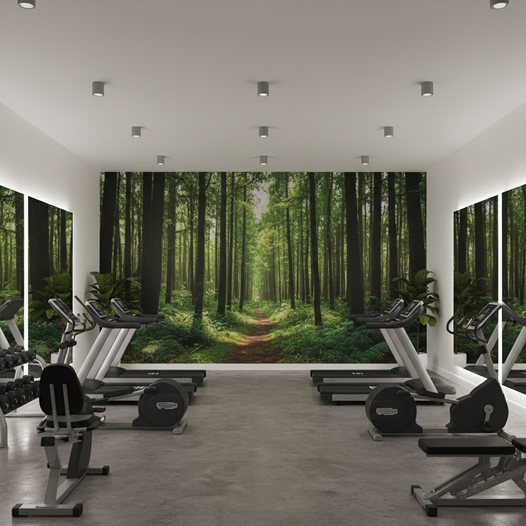 Vizualizace: les pro běh – přímý UV tisk na zeď (fitness)