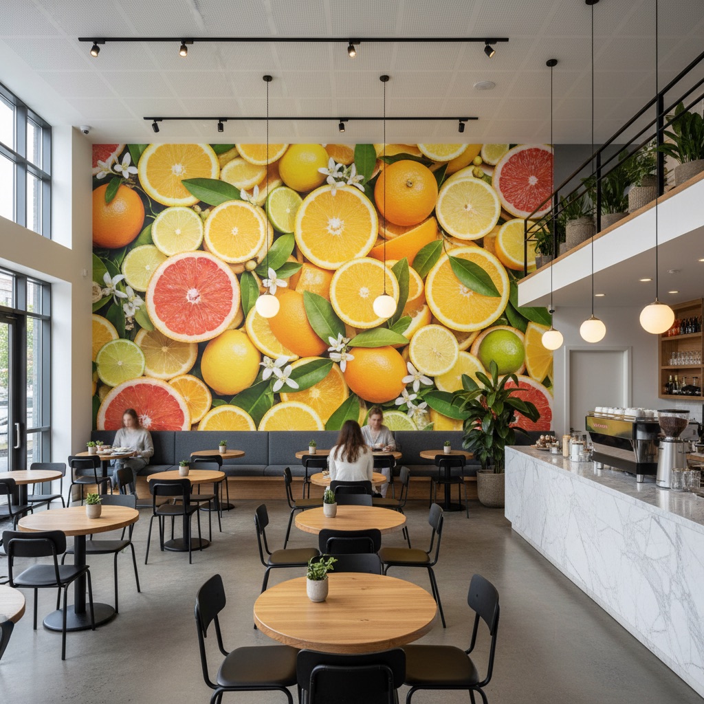 Vizualizace: citrusy a ovoce – přímý UV tisk na zeď (gastro)