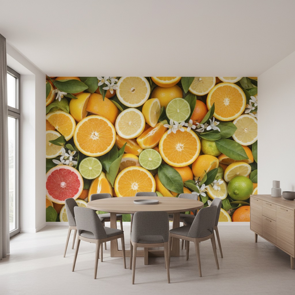 Vizualizace: citrusy – přímý UV tisk na zeď (jídelna)