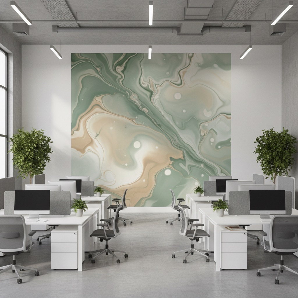Vizualizace: fluidní art – přímý UV tisk na zeď (kanceláře)