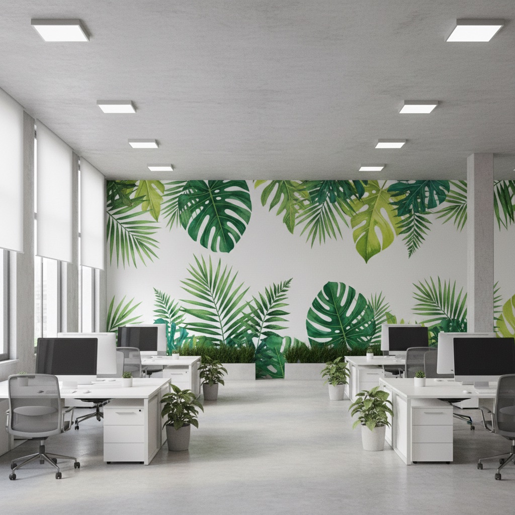 Vizualizace: botanické listy – přímý UV tisk na zeď (kanceláře)