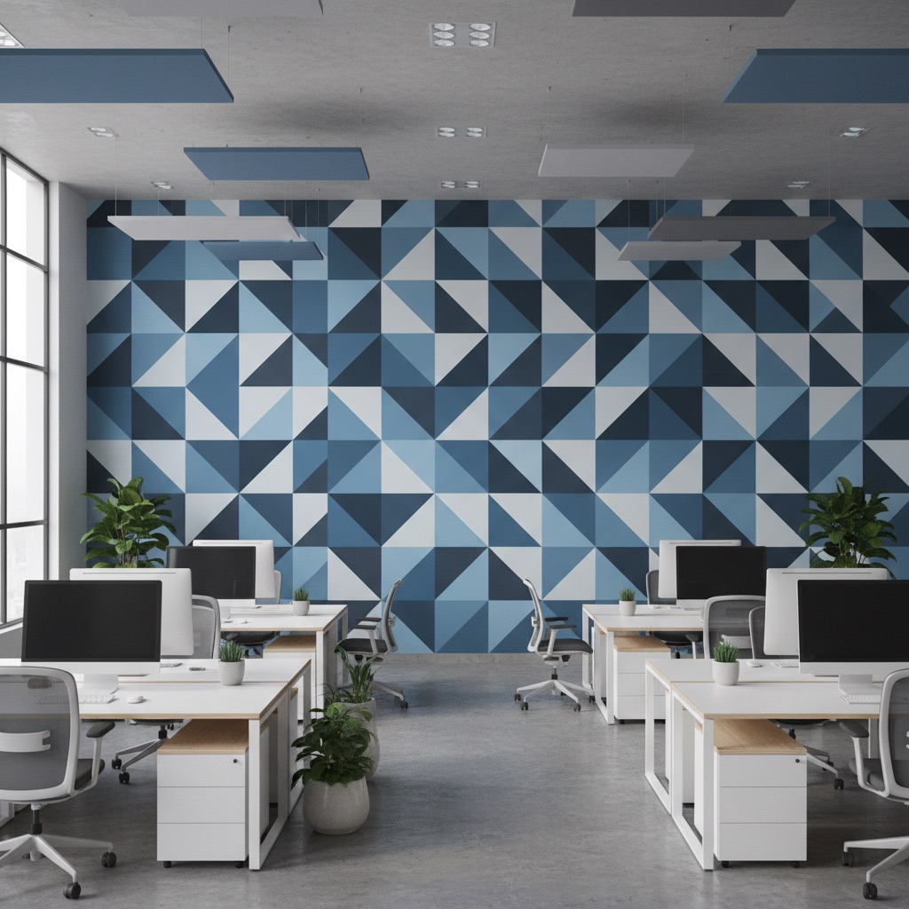 Vizualizace: geometrický vzor – přímý UV tisk na zeď (kanceláře)