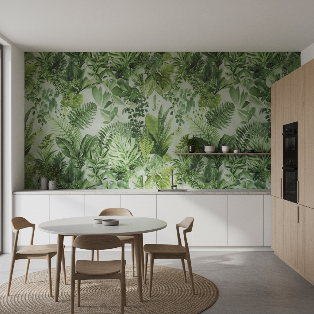 Vizualizace: botanická zeleň – přímý UV tisk na zeď (kuchyně)