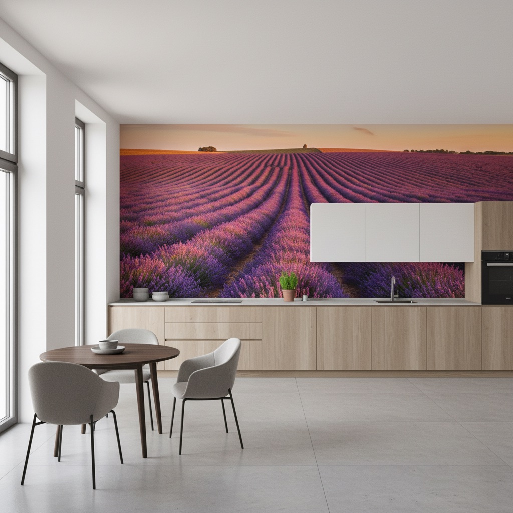 Vizualizace: levandule Provence – přímý UV tisk na zeď (kuchyně)
