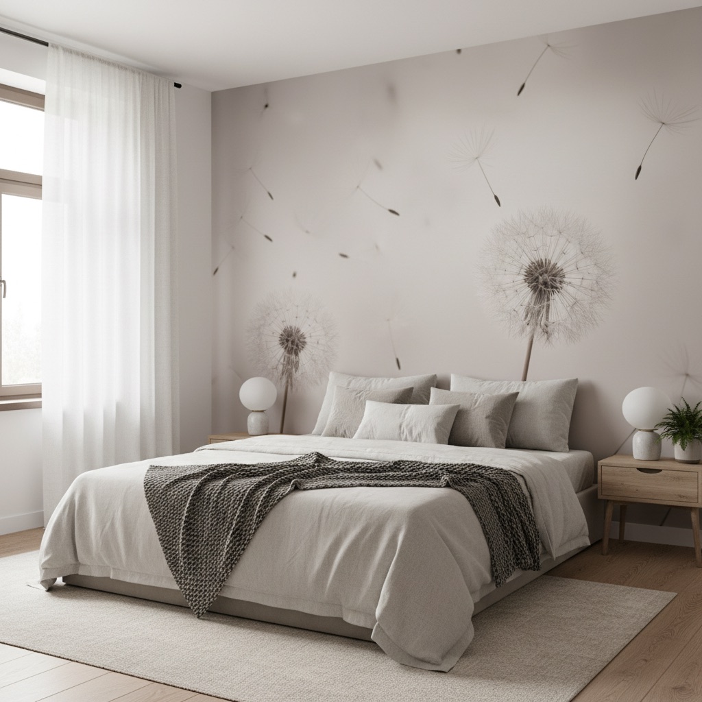 Vizualizace: pampelišky – přímý UV tisk na zeď (ložnice)