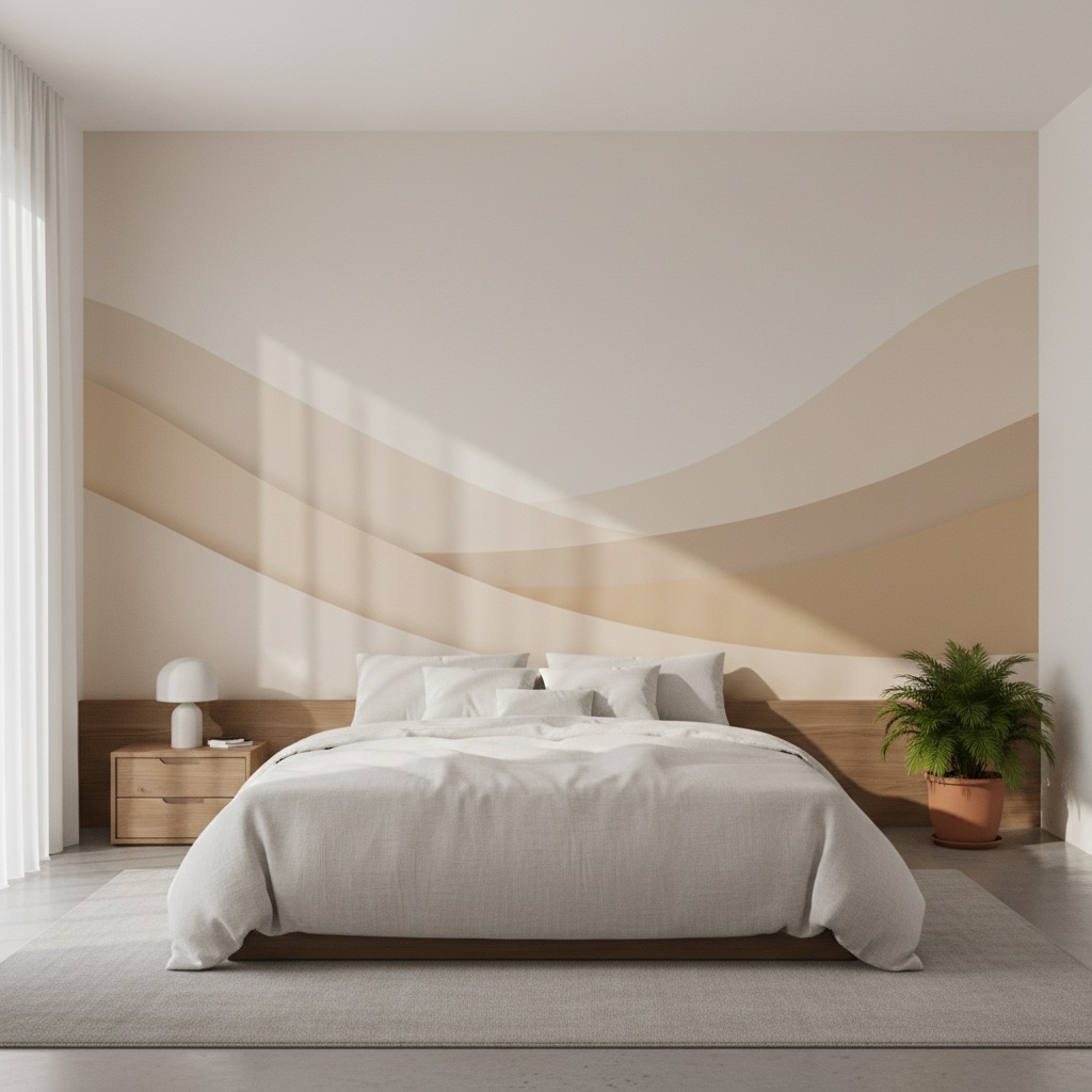 Vizualizace: zen minimalismus – přímý UV tisk na zeď (ložnice)