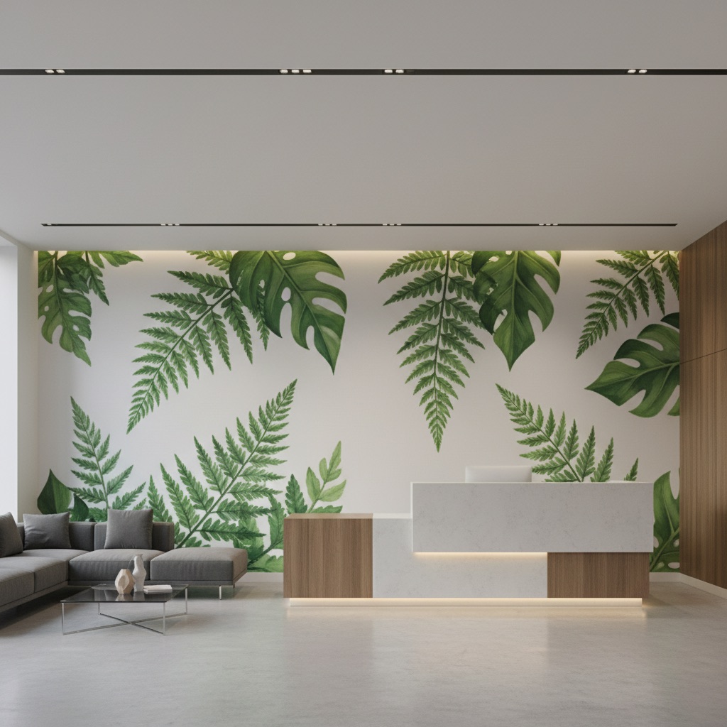 Vizualizace: botanický motiv – přímý UV tisk na zeď (recepce)