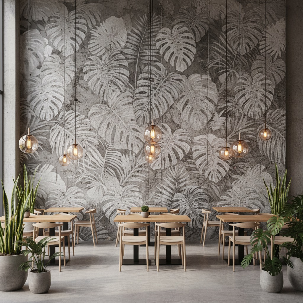Vizualizace: velkoformátový rostlinný motiv potištěný přímo na betonovou zeď restaurace