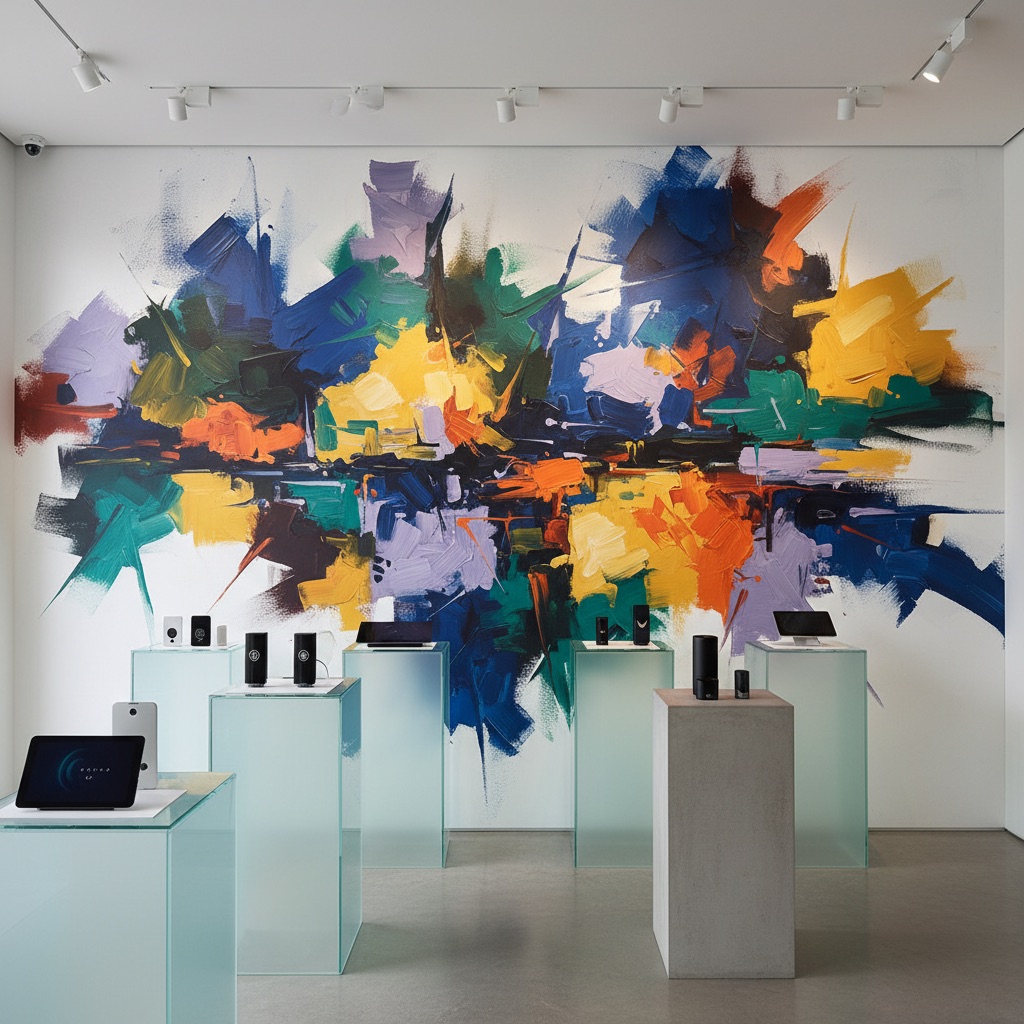 Vizualizace: abstraktní art – přímý UV tisk na zeď (showroom)