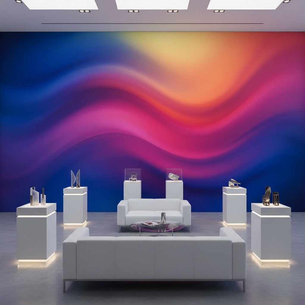 Vizualizace: barevný gradient – přímý UV tisk na zeď (showroom)