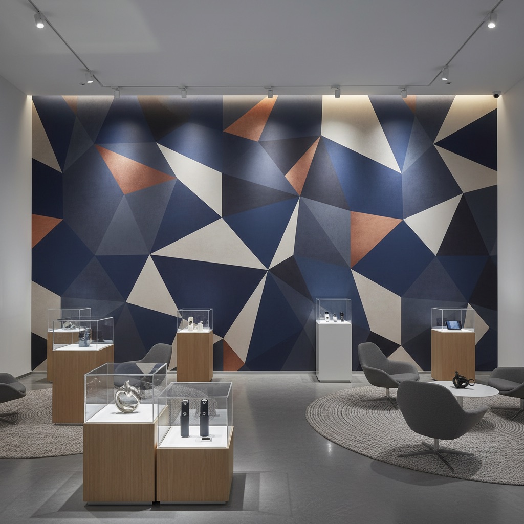 Vizualizace: geometrický vzor – přímý UV tisk na zeď (showroom)
