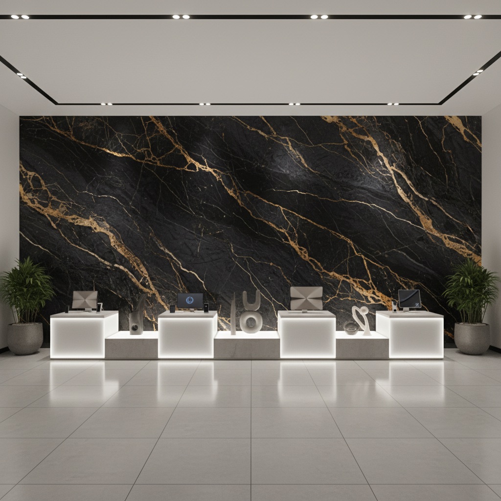 Vizualizace: mramor – přímý UV tisk na zeď (showroom)