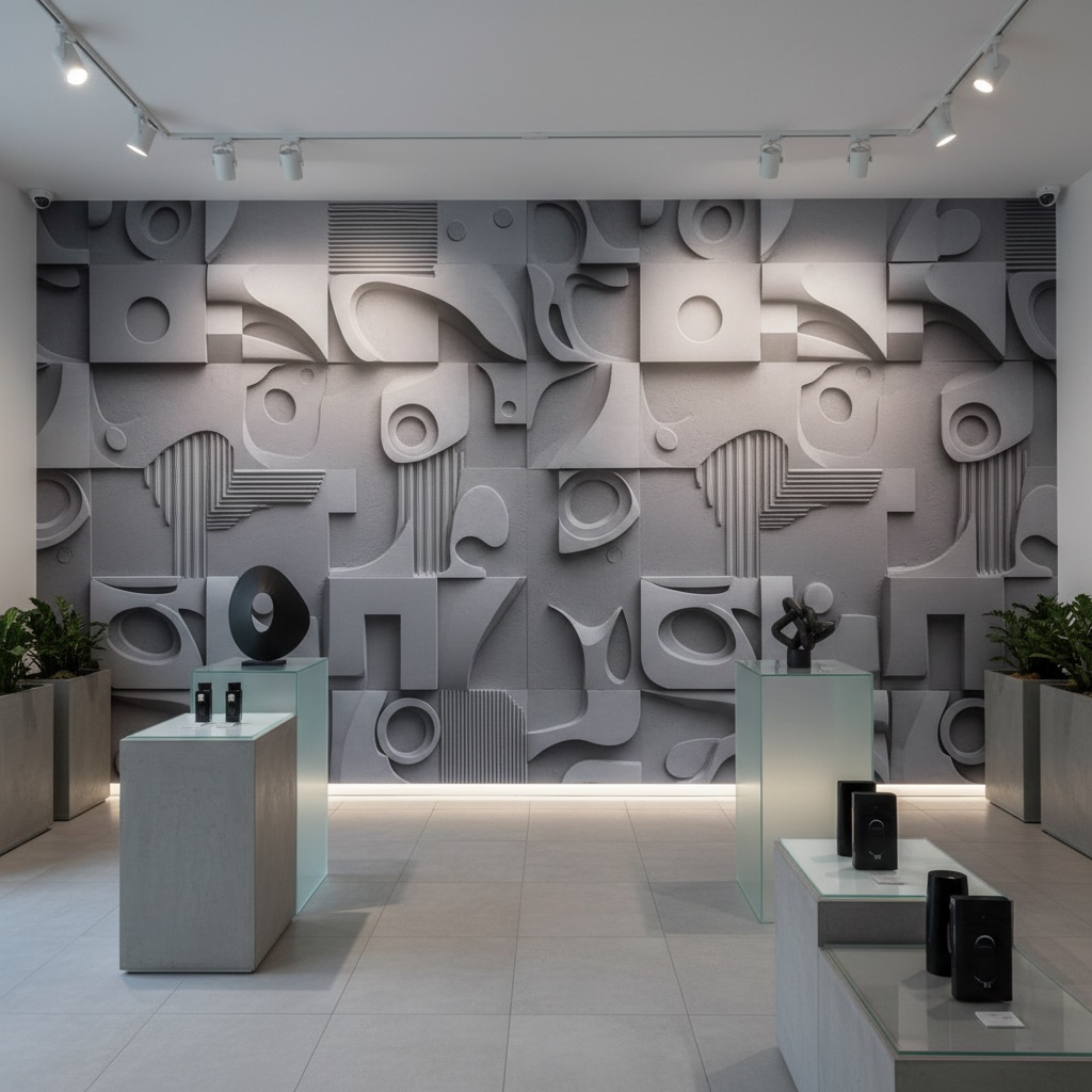 Vizualizace: 3D textura – přímý UV tisk na zeď (showroom)